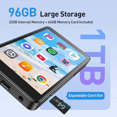 Hella Massive 96GB MP3 Player With Bluetooth And WiFi, 4 Inch Android MP4 Player T08, includes 64GB card, expandable to 1TB