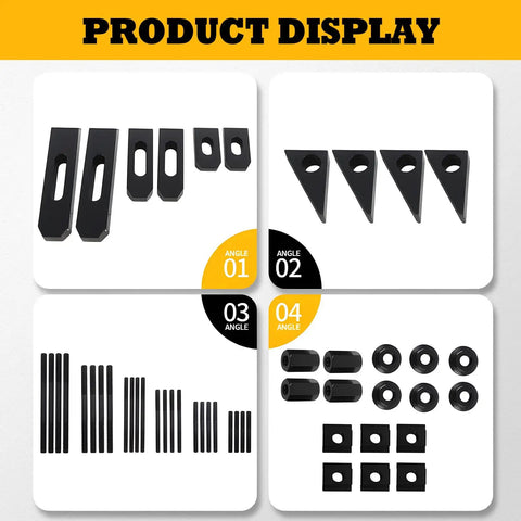 Heavy Duty 58-Piece T-Slot Clamp Kit With 1/2 And 3-8 Studs showing various black steel clamps and related hardware.