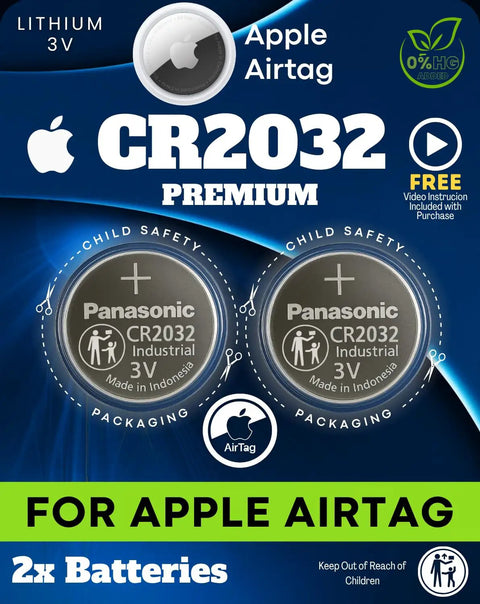 Premium 2 Pack CR2032 Battery Top Shelf Replacement For Apple AirTag Dead Reliable 3V Lithium Power Cell packaging with two batteries.