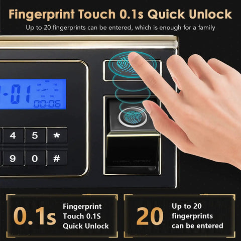 Fireproof Safe With Biometric Access, Waterproof 1.4 Cubic Foot Electronic Digital Security Safe For Home Office, Quick 0.1 Second Fingerprint Entry, close-up of fingerprint scanner and keypad.