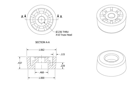 Technical drawing of Ultra Super Soft Round Rubber Feet Bumps.437 H By 1.062 D Heavy Duty Furniture Glides for mounting.