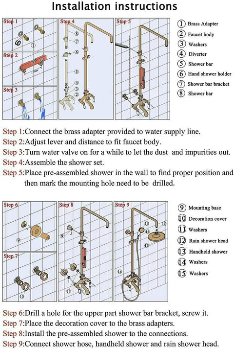 Installation instructions for Matte Black Shower Faucet Set With 8 Inch Rainfall Shower Head And Handheld Spray, Brass Construction.