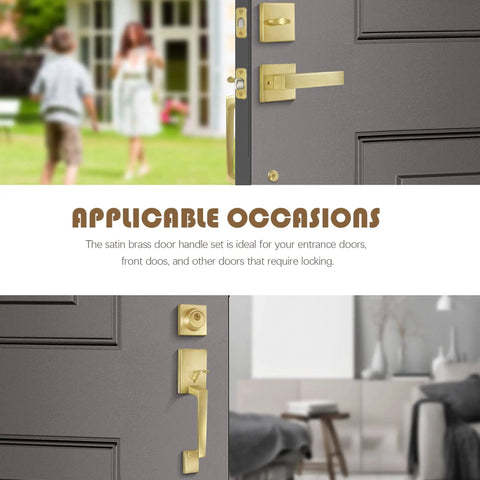 Brass Satin Front Door Lock Set With Single Cylinder Deadbolt And Door Lever installed on a modern dark door