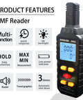 Three In One EMF Meter And Reader For Home Office And Outdoors Electromagnetic Field Radiation Detector with product features displayed