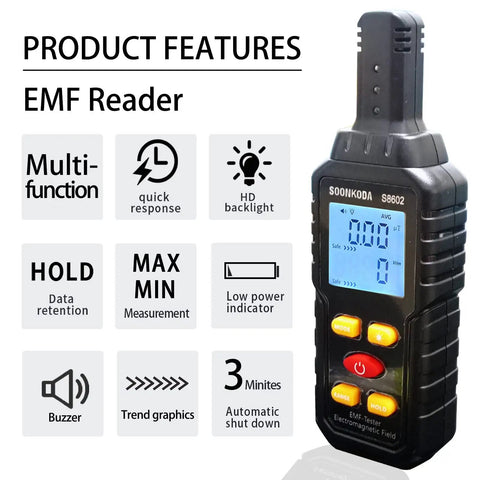 Three In One EMF Meter And Reader For Home Office And Outdoors Electromagnetic Field Radiation Detector with product features displayed