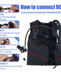 How to connect Premium Rubber Low Pressure Scuba Inflator Hose for Standard BCD, shown with illustrated steps and BCD alignment