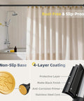 No Drill Tension Shower Curtain Rod 31 To 120 Inches, 1.1 Inch Diameter Rustproof Stainless Steel in Matte Black in bathroom
