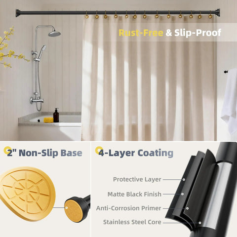 No Drill Tension Shower Curtain Rod 31 To 120 Inches, 1.1 Inch Diameter Rustproof Stainless Steel in Matte Black in bathroom