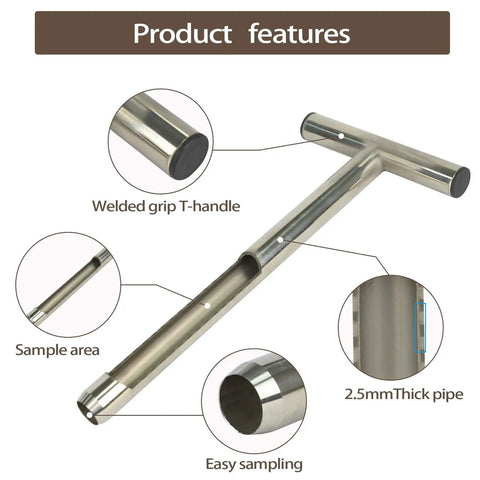 Close-up of 12 Inch Stainless Steel Soil Probe With T Handle And Two Reusable Sample Bags showing welded T-handle and sample area.