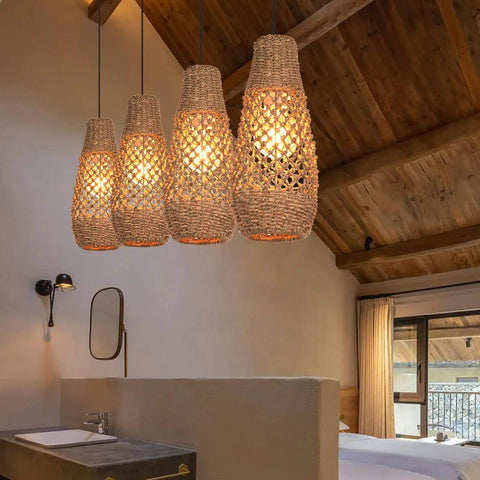 Boho Rattan Pendant Light Fixture over rustic living area, showcasing handwoven design, emitting Cozy Retro Island Glow ambiance.
