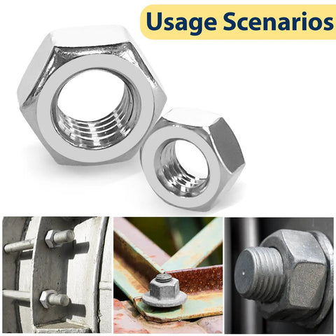 Two In One Hex Nut Kit For DIY And Automotive, 510 Piece SAE And Metric Nut Set, 304 Stainless Steel Nuts shown with usage examples
