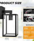 Product size illustration of Two Pack Dusk To Dawn Outdoor Wall Lanterns With Automatic Sensor For Front Porch And Garage Waterproof Black Exterior Lights.