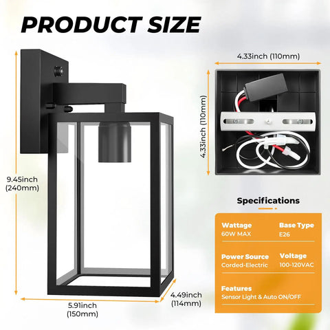Product size illustration of Two Pack Dusk To Dawn Outdoor Wall Lanterns With Automatic Sensor For Front Porch And Garage Waterproof Black Exterior Lights.