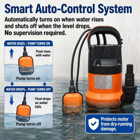 Grab And Go Submersible Utility Pump With Automatic Float Switch No Sweat Water Extractor For Garden Ponds and Pool Draining Plus Basement Flood Cleanup One Half HP 1320 GPH showing smart auto-control system for automatic operation.
