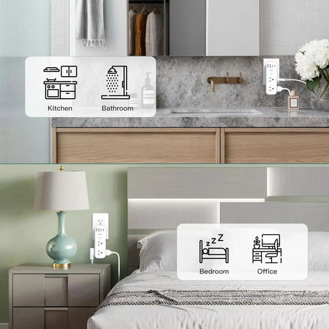 Pretty Sick 10 Port Surge Protector Wall Extender With Rotating Plug And Fast Charge USB Ports in kitchen and bedroom environments.