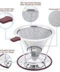 Pour Over Coffee Dripper With Stainless Steel Filter Reusable Paperless Cone Dripper With Removable Cup Easy To Clean Double Layer 800 Mesh Pro Grade Brew Accessory For Rich Flavor At Home showing silicone handle and honeycomb pattern