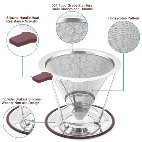 Pour Over Coffee Dripper With Stainless Steel Filter Reusable Paperless Cone Dripper With Removable Cup Easy To Clean Double Layer 800 Mesh Pro Grade Brew Accessory For Rich Flavor At Home showing silicone handle and honeycomb pattern
