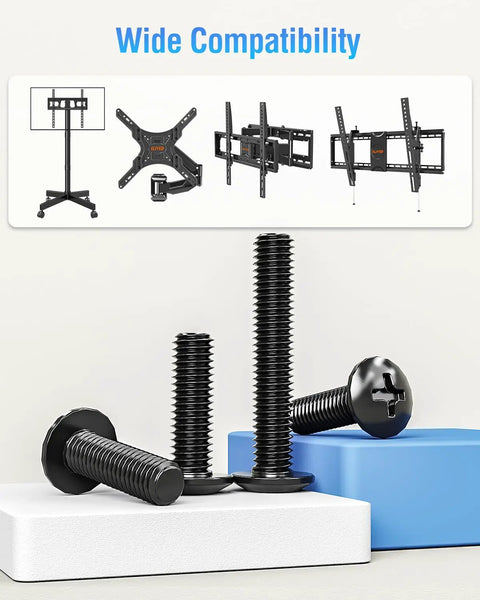 No Sweat Vesa Tv Mounting Hardware Kit Complete M4 M5 M6 M8 Screws With Washers And Spacers for large screens, showing assorted black steel screws.