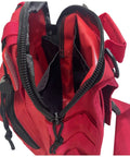Open view of Ultra Slim EMS Medical Sling Bag with interior compartments, red durable fabric, and zippered design for first aid access.