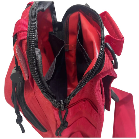 Open view of Ultra Slim EMS Medical Sling Bag with interior compartments, red durable fabric, and zippered design for first aid access.