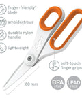 Ceramic Safety Scissors With Finger Friendly Edge And Rounded Tips Heavy Duty Office Shears, 1-Pack, visible with handle features and labels.