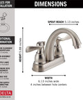 Diagram of the Windemere Centerset Brushed Nickel Bathroom Faucet for 4-Inch 3-Hole Vanity Sink with dimensions and features