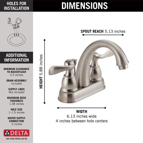 Diagram of the Windemere Centerset Brushed Nickel Bathroom Faucet for 4-Inch 3-Hole Vanity Sink with dimensions and features