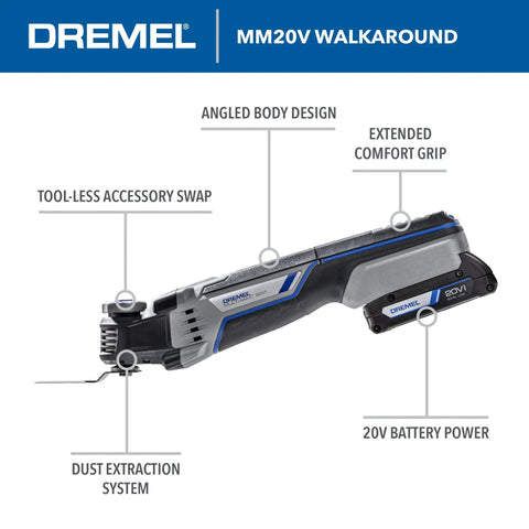 Cordless 20V Max Lithium Ion Oscillating Multi Tool Kit with angled body, tool-less swap, 20V battery, and dust system.