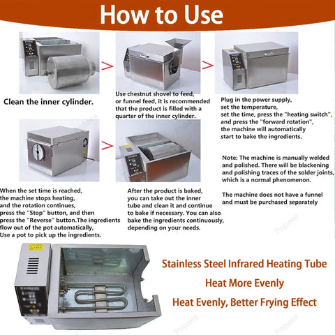 Hella Versatile Electric Coffee Bean Roaster Engineered For Quick Even Heating Perfectly Toasting Green Beans Nuts Tea Leaves And Artisan Spices Without Any Hassle For Home Brewers Or Commercial Bars. Instructions on usage with stainless steel machine.