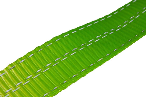 Close-up of high visibility green polyester webbing from 4 Pack 2 Inch By 96 Inch Car Tie Down Straps For Trailers With Flat Hooks, 3333 Lb WLL