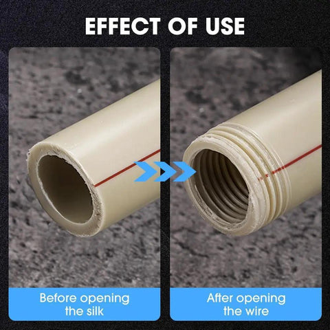 High-Durability Electric Pipe Threading Tool For PVC And Metal Pipes. Before and after threading PVC pipe, showing clear grooves.