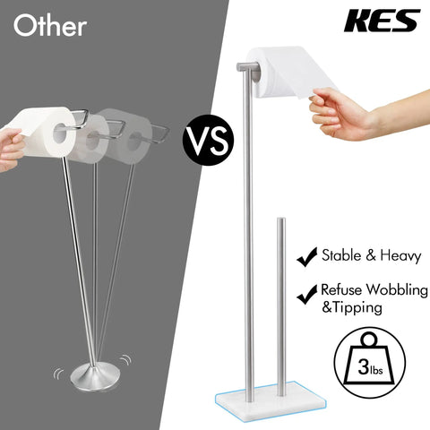 Tall Free Standing Toilet Paper Holder With Marble Base For Easy Reach No Bending Needed 29 And A Half Inch Bathroom Roll Stand In Brushed SUS304 Stainless Steel Elder Friendly Durable Modern Bath Accessory comparison showcasing stability and features.