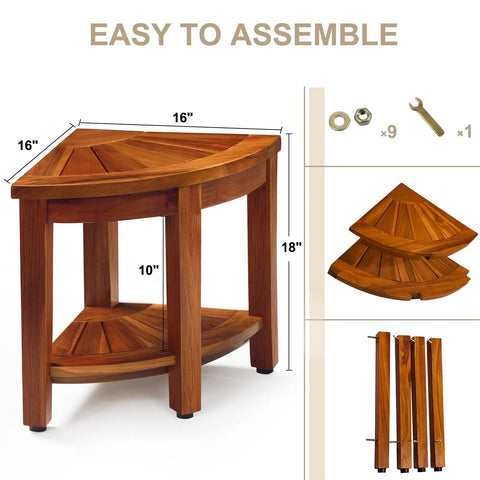 Teak Corner Shower Bench 18 Inch With Storage Shelf For Inside Shower Waterproof Teak Bath Chair Non Slip Drainage