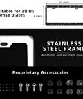 Black Bling License Plate Frame Set For Women With Over 1200 Faceted Crystal Rhinestones Stainless Steel Edge Guard displayed dimensions and accessories
