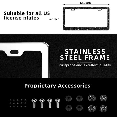 Black Bling License Plate Frame Set For Women With Over 1200 Faceted Crystal Rhinestones Stainless Steel Edge Guard displayed dimensions and accessories