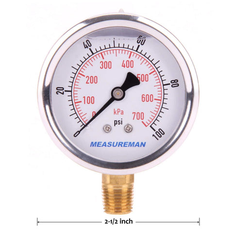 MeasureMan front-view 2.5-in glycerin-filled pressure gauge with 1/4 NPT brass thread and stainless case (0-100 psi).