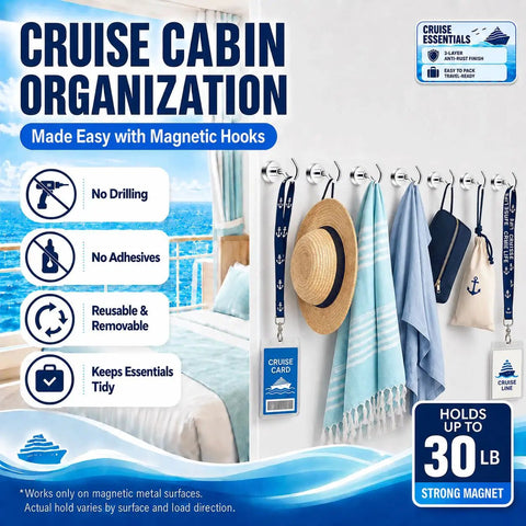 Boss Grade Magnetic Hooks 10 Pack Silver 30lb Grip Cruise Ship Essentials Refrigerator Wall Mount Organizer Clips No Drilling Needed For Easy Travel Hack Or Home Organization Setup, shown in cabin with hats and towels.