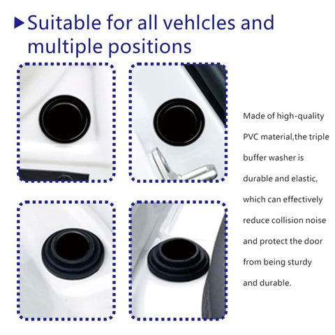 Heavy Duty Silicone Car Door Dampers 20 Pack Self Adhesive Anti Slam Bumper Pads Universal Beater Tough Side Protectors Road Ready Closure Cushioning Black in various angles on a car door.