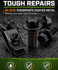 One Quarter Inch Body Bolts U Nut Clips Kit With Hex Head Fender Screws For Automotive Repair, DIY Friendly Black Phosphate Fasteners Set To Replace Missing Or Rusted Factory Fasteners On Everyday Projects. black phosphate 1/4-inch bolts and U-nut clips