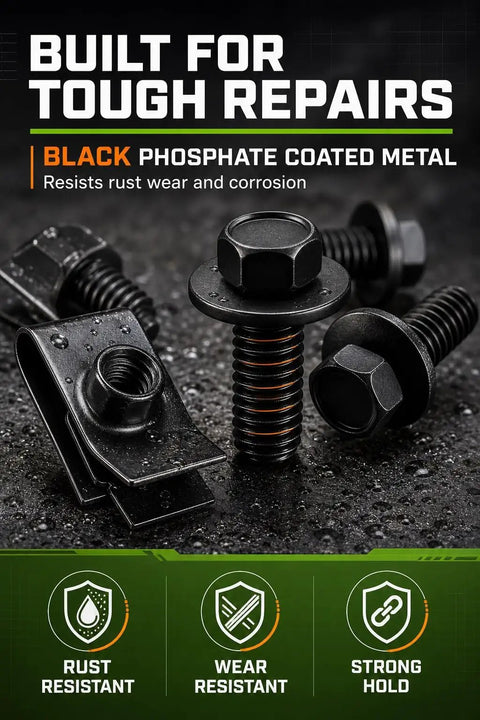 One Quarter Inch Body Bolts U Nut Clips Kit With Hex Head Fender Screws For Automotive Repair, DIY Friendly Black Phosphate Fasteners Set To Replace Missing Or Rusted Factory Fasteners On Everyday Projects. black phosphate 1/4-inch bolts and U-nut clips