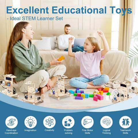 Eight In One STEM Kit For Kids Aged 8 To 16 With ESP32 Smart Home Projects Hands On Coding And Engineering Fun School Crafts DIY Model Building Toys Educational Tech Toys For Birthday And Gift Giving, family play scene