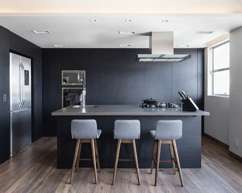 Modern kitchen with dark cabinetry featuring Black Wood Grain Peel And Stick Wallpaper DIY Friendly 23.6 Inch By 118 Inch Self Adhesive Vinyl Contact Paper for Furniture And Walls Removable Real Wood Texture Durable Easy To Clean With Grid Cut Lines.