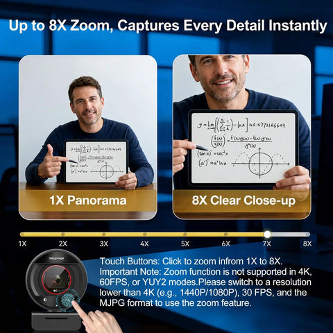 Straight Fire 4K Webcam For PC With Smooth PDAF Autofocus And Built In Mic That Slaps Nailing Ultra HD Live Streams showing zoom features with user and tablet.