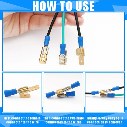 Hand holding 50 Pcs Piggyback Spade Connectors Kit, 3-Way Adapter Dual Male to Single Female Brass Quick Splice Spade Terminal Connectors