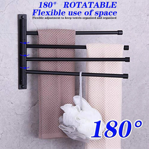 4 Arm Swivel Towel Bar Matte Black Stainless Steel SUS 304 Wall Mount Towel Rack Holder Space Saving Bathroom Organizer