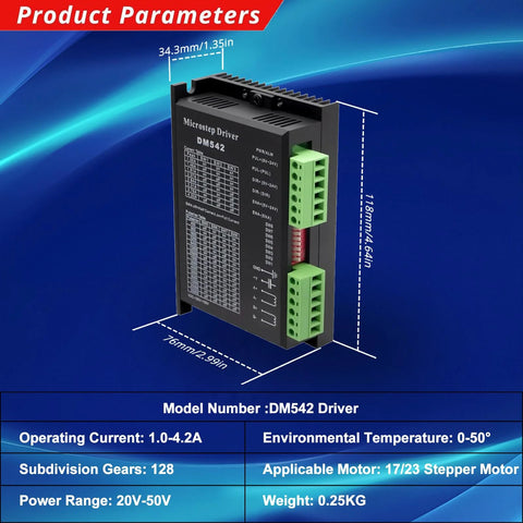 Amazon DM542 stepper motor driver module, black enclosure with green terminal blocks, side view