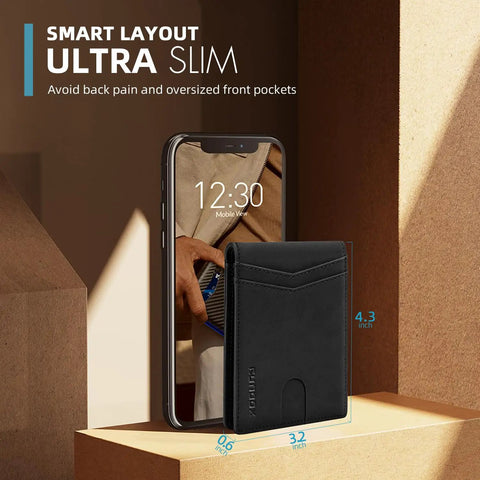 Slim Rfid Blocking Genuine Leather Bifold Wallet For Men With Dual Id Display Large Card Capacity And Kickass Gift Box Durable Full Grain Stitching Tight Carry next to a smartphone, showcasing its slim design.