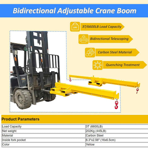 Heavy Duty Forklift Jib Crane 3 Ton Capacity Telescopic Boom Hoist dual directional truss lift on a forklift, carbon steel material.