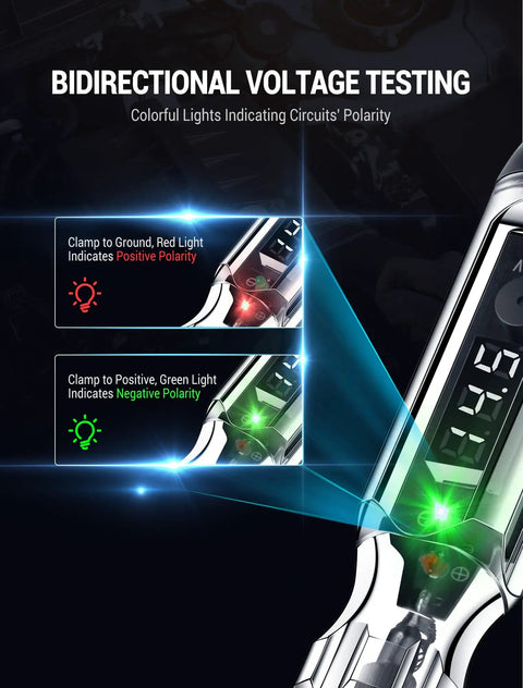 3 To 72V Automotive Test Light Circuit Tester For Quick Voltage Checks Wide Range Diagnostic Tool To Inspect Headlights Taillights Turn Signals Sockets Fuses And Electrical Circuits In Cars Trucks And Motorcycles, digital readout showing polarity