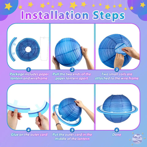 Installation steps for 8 Piece Planet Paper Lanterns Set For Kids Space Theme Party 12 Inch Solar System Hanging Planets Lanterns